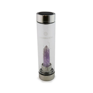 Aquarius Laterra Gemstone Water Bottle with amethyst crystal attachment inside clear glass bottle on white background.